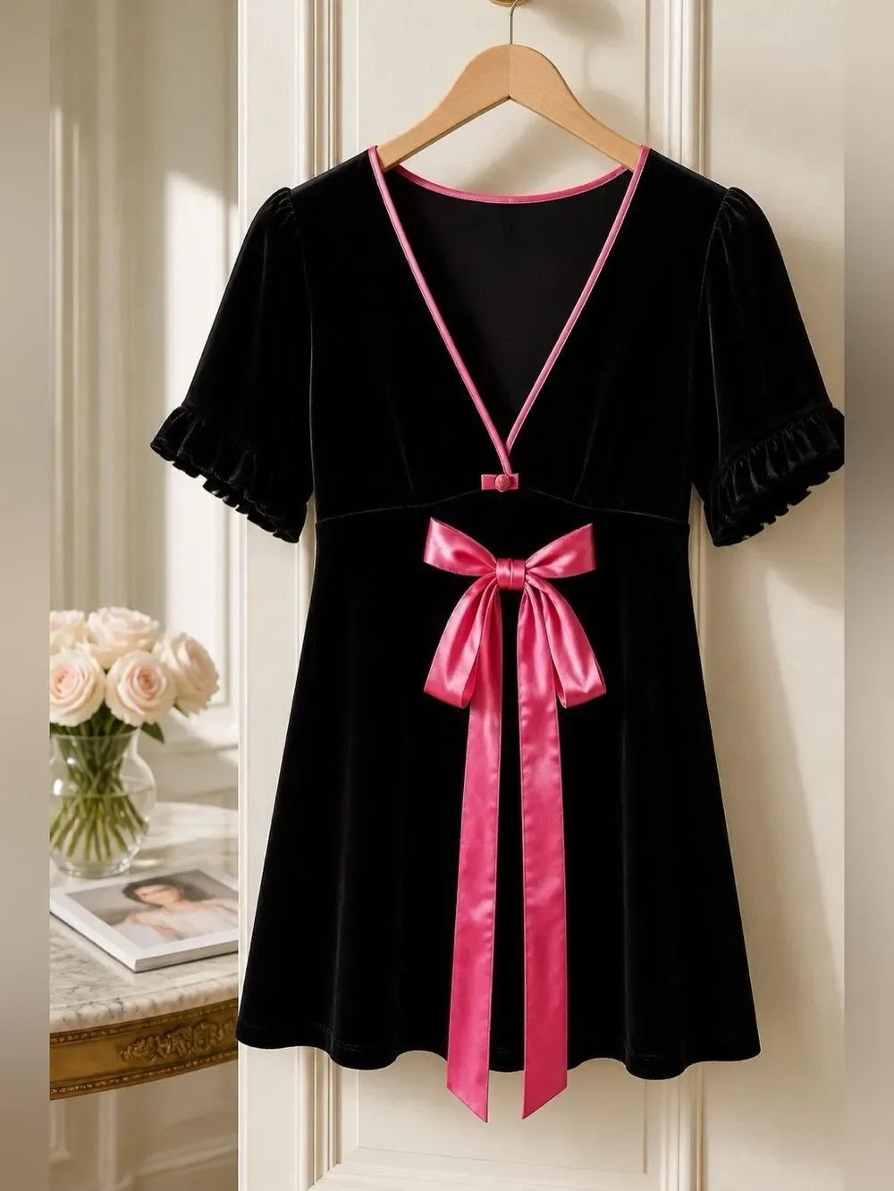 Betsey Johnson Intimates Black Velvet Top with Pink Trim Size Medium
